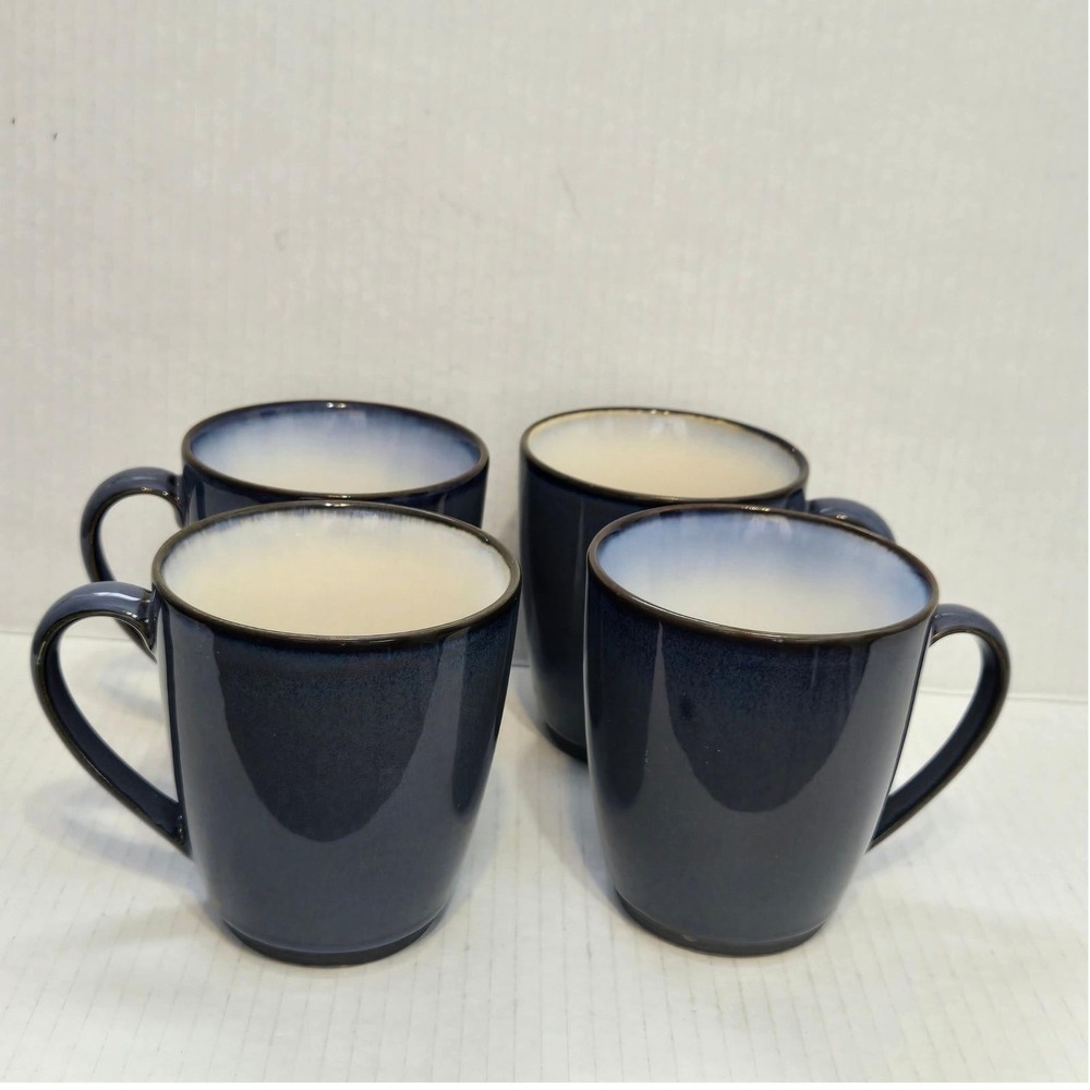 Sango‎ Navy Blue Stoneware Coffee Mugs Set of 4 Cream Interior Brown Rim 4933